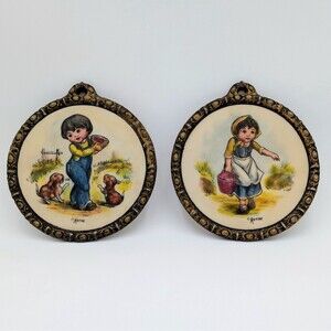 Vintage Artini Arts Twin Etched Hand Painted 4D Boy Girl Wall Hanging Decor Set